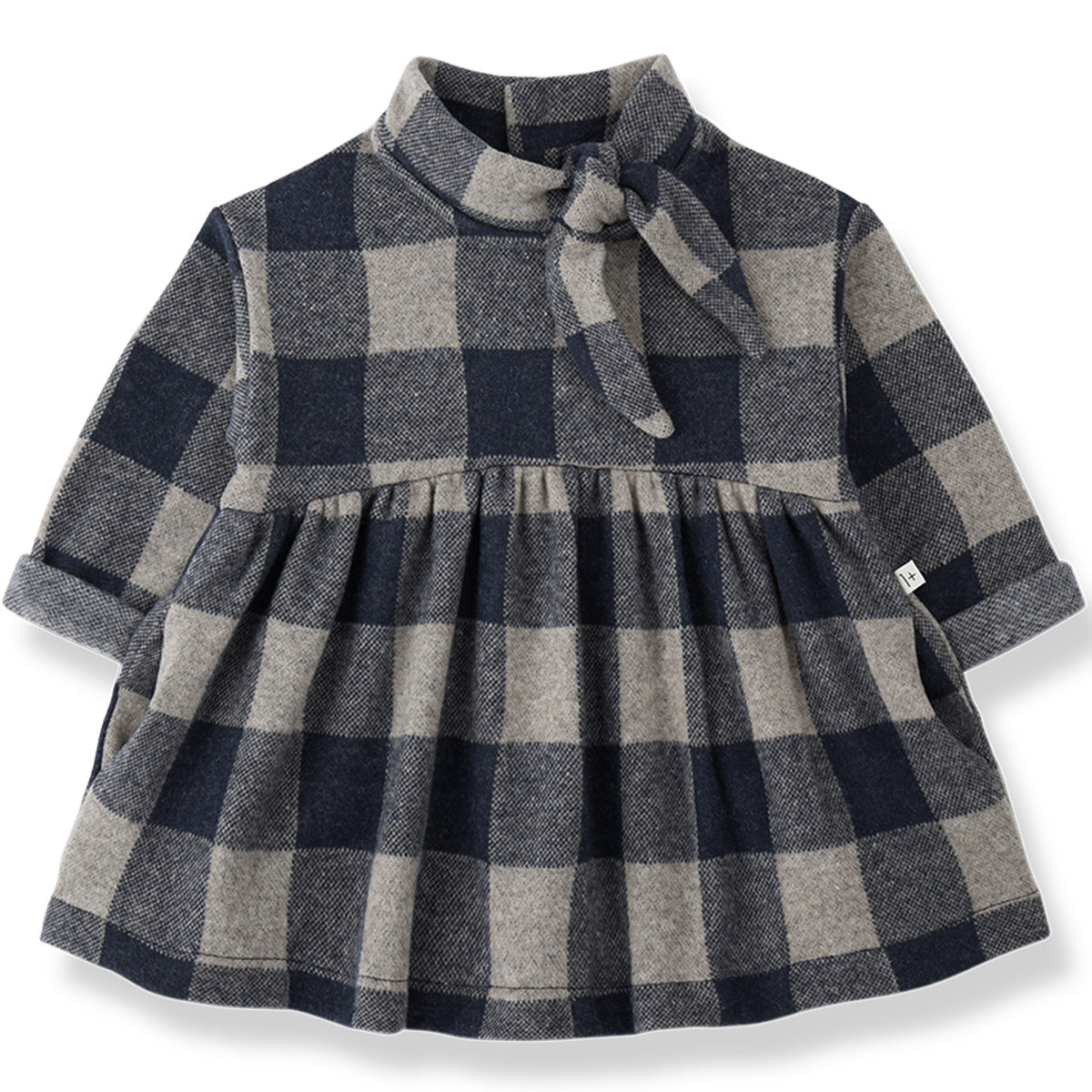 1+ in the Family The Perugia Dress in navy plaid with mock neck, tie bow and side pockets