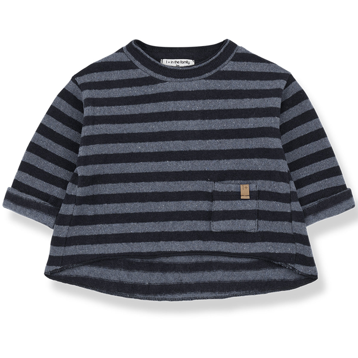 The Petra Sweater from 1+ in the Family. Striped baby top with long sleeves, a small front pocket.