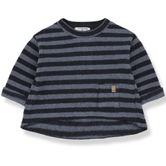 The Petra Sweater from 1+ in the Family. Striped baby top with long sleeves, a small front pocket.