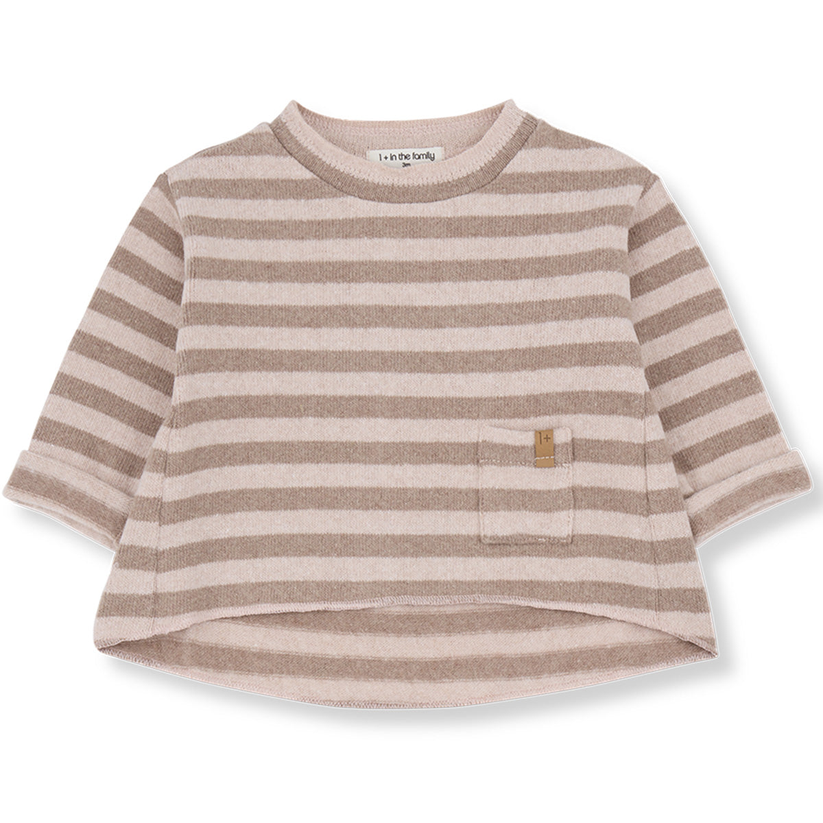 The Petra Sweater from 1+ in the Family. Striped baby top with long sleeves, a small front pocket.