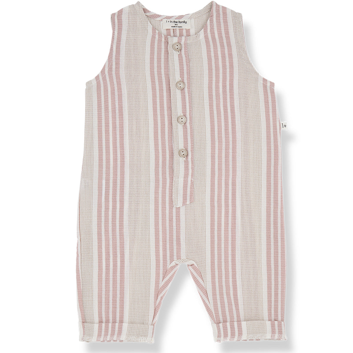 The Pius Overall from 1+ in the Family. A sleeveless baby romper featuring a front button closure.