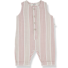 The Pius Overall from 1+ in the Family. A sleeveless baby romper featuring a front button closure.