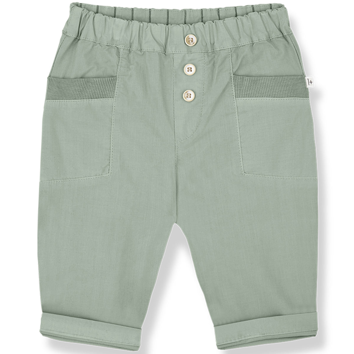 The Portbou Pants from 1+ in the Family in iceberg green with elastic waist, front buttons, patch pockets, and rolled cuffs.