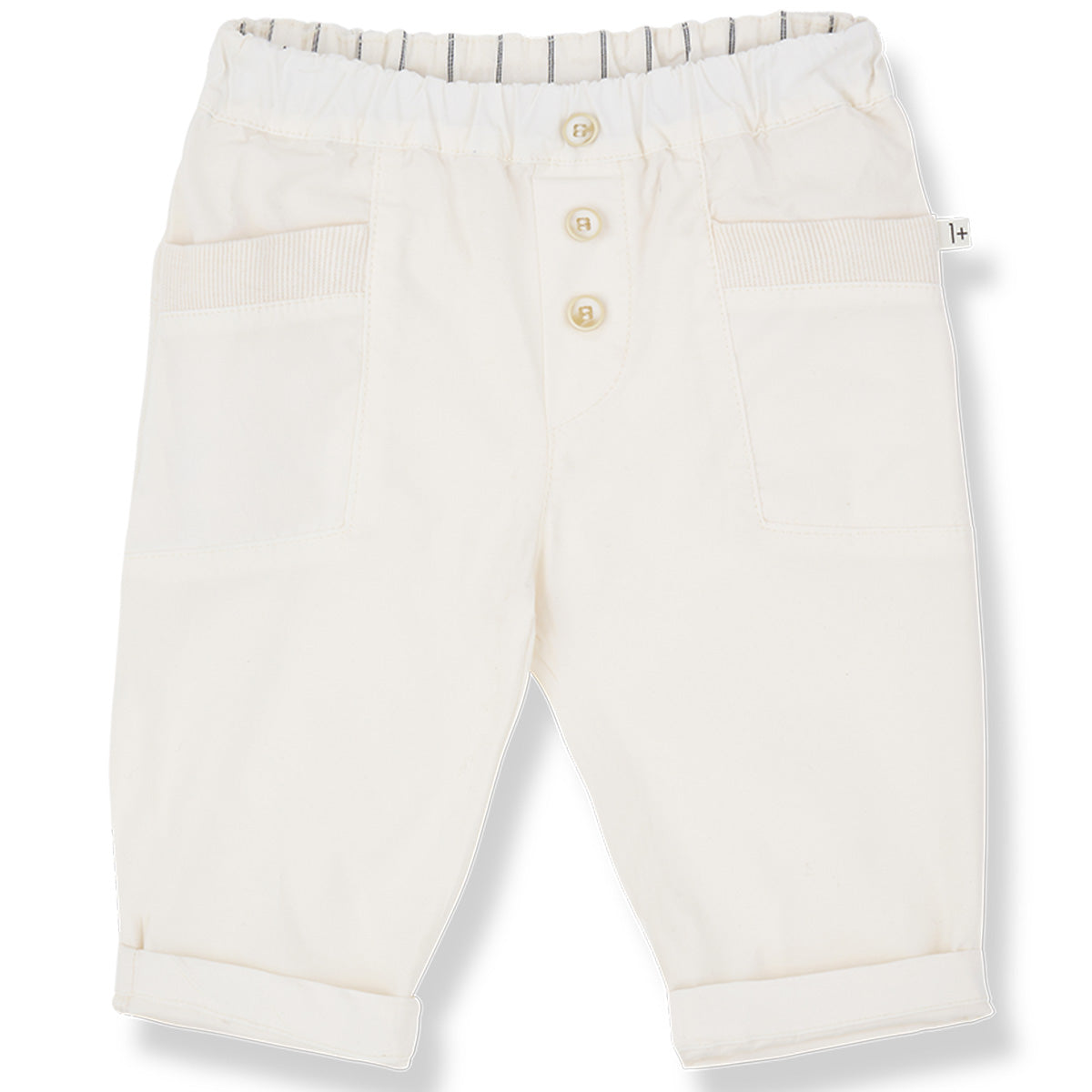 The Portbou Pants from 1+ in the Family in off-white with elastic waistband, front buttons, patch pockets, and rolled cuffs.