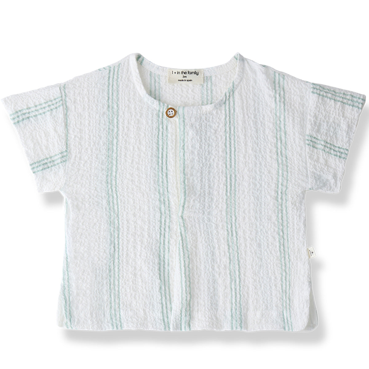 The Portlligat Shirt from 1+ in the Family  features soft green vertical stripes, short sleeves, and a single front button.