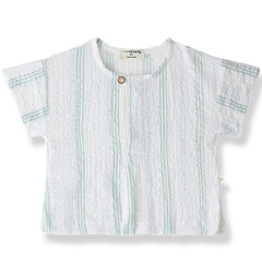The Portlligat Shirt from 1+ in the Family  features soft green vertical stripes, short sleeves, and a single front button.