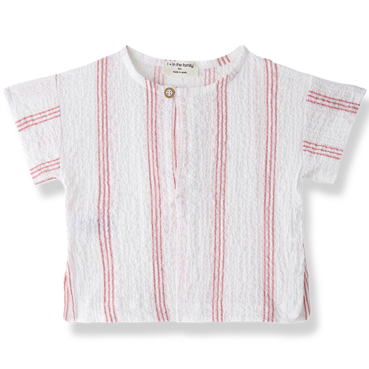 The Portlligat Shirt from 1+ in the Family with strawberry red vertical stripes, short sleeves, and a front button.