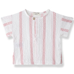 The Portlligat Shirt from 1+ in the Family with strawberry red vertical stripes, short sleeves, and a front button.