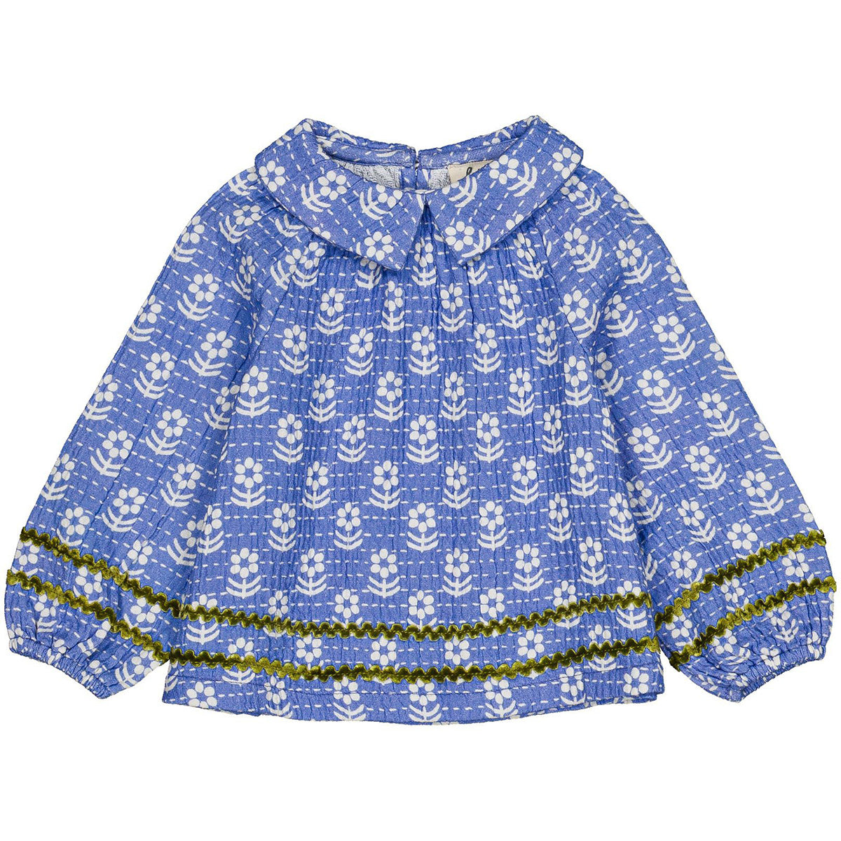 Paloma Baby Blouse by Hello Simone in quilted cotton with shirt collar and velvet ric rac trim.