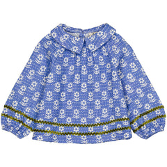 Paloma Baby Blouse by Hello Simone in quilted cotton with shirt collar and velvet ric rac trim.