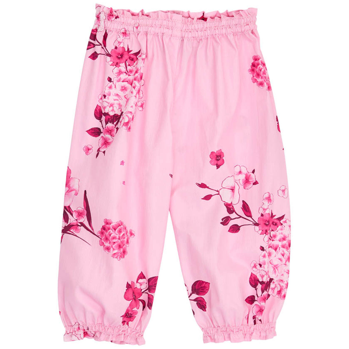 Christina Rohde pink floral pants with elastic waistband and cuffs.