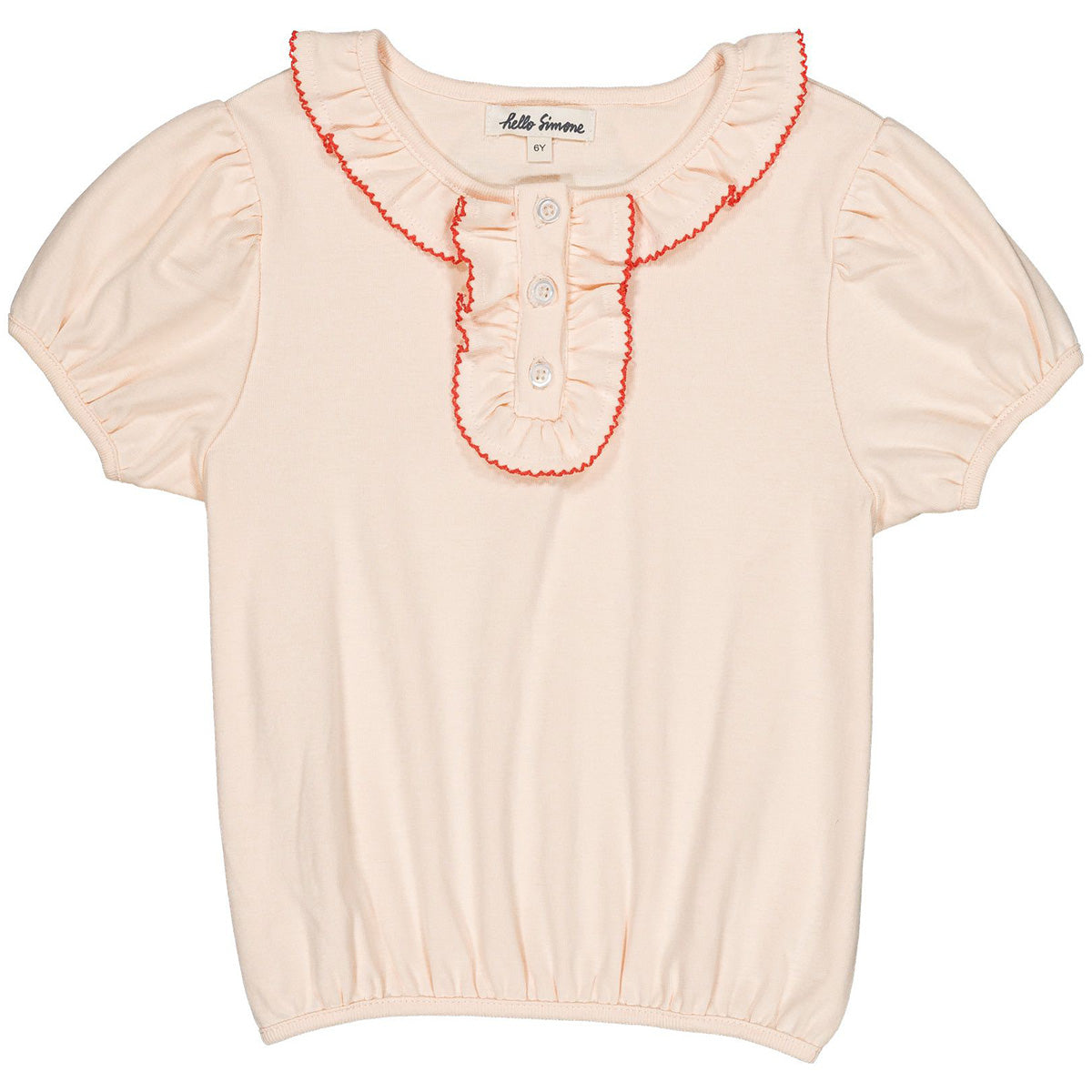 Paquerette Top by Hello Simone in cream with ruffle collar, puff sleeves, and red contrast trim.