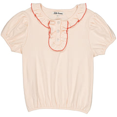 Paquerette Top by Hello Simone in cream with ruffle collar, puff sleeves, and red contrast trim.