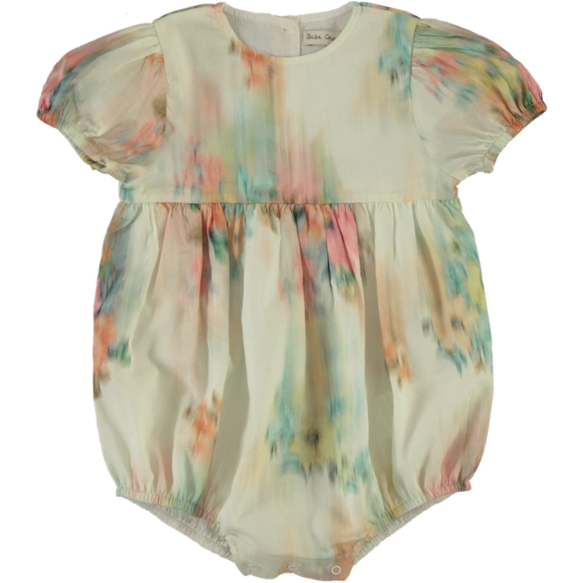 The Paris Romper by Bebe Organic, sheer baby romper with soft pastel floral print, puff sleeves, gathered waist, and elastic legs.