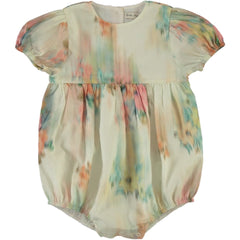 The Paris Romper by Bebe Organic, sheer baby romper with soft pastel floral print, puff sleeves, gathered waist, and elastic legs.