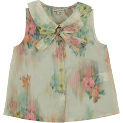 The Paris Top by Bebe Organic, sleeveless kids blouse with soft floral print, sheer fabric, button front, and oversized bow collar.