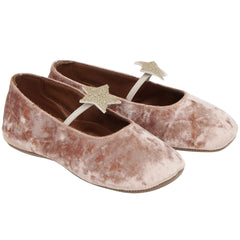 Velluto Cin Shoes from Pepe. Pink velvet Mary Jane flats featuring elastic straps topped with glittery gold star accents. 