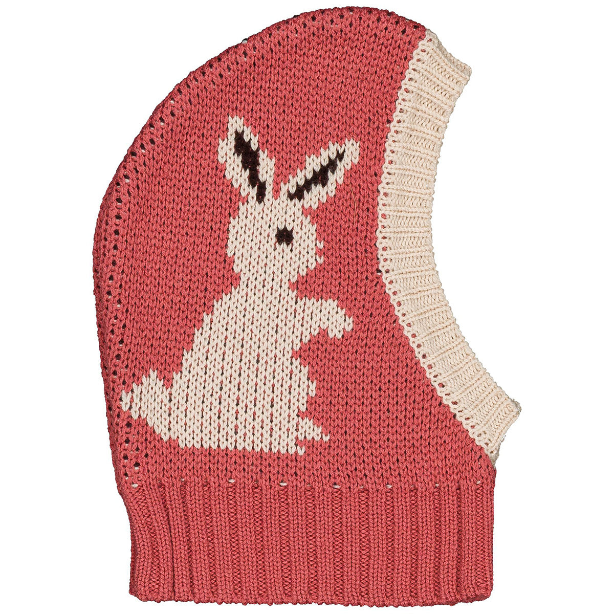 The Pinguin Baby Hood from Hello Simone with a knitted rabbit design and ribbed brim in coral pink and cream.