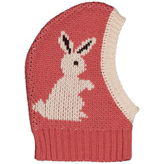 The Pinguin Baby Hood from Hello Simone with a knitted rabbit design and ribbed brim in coral pink and cream.