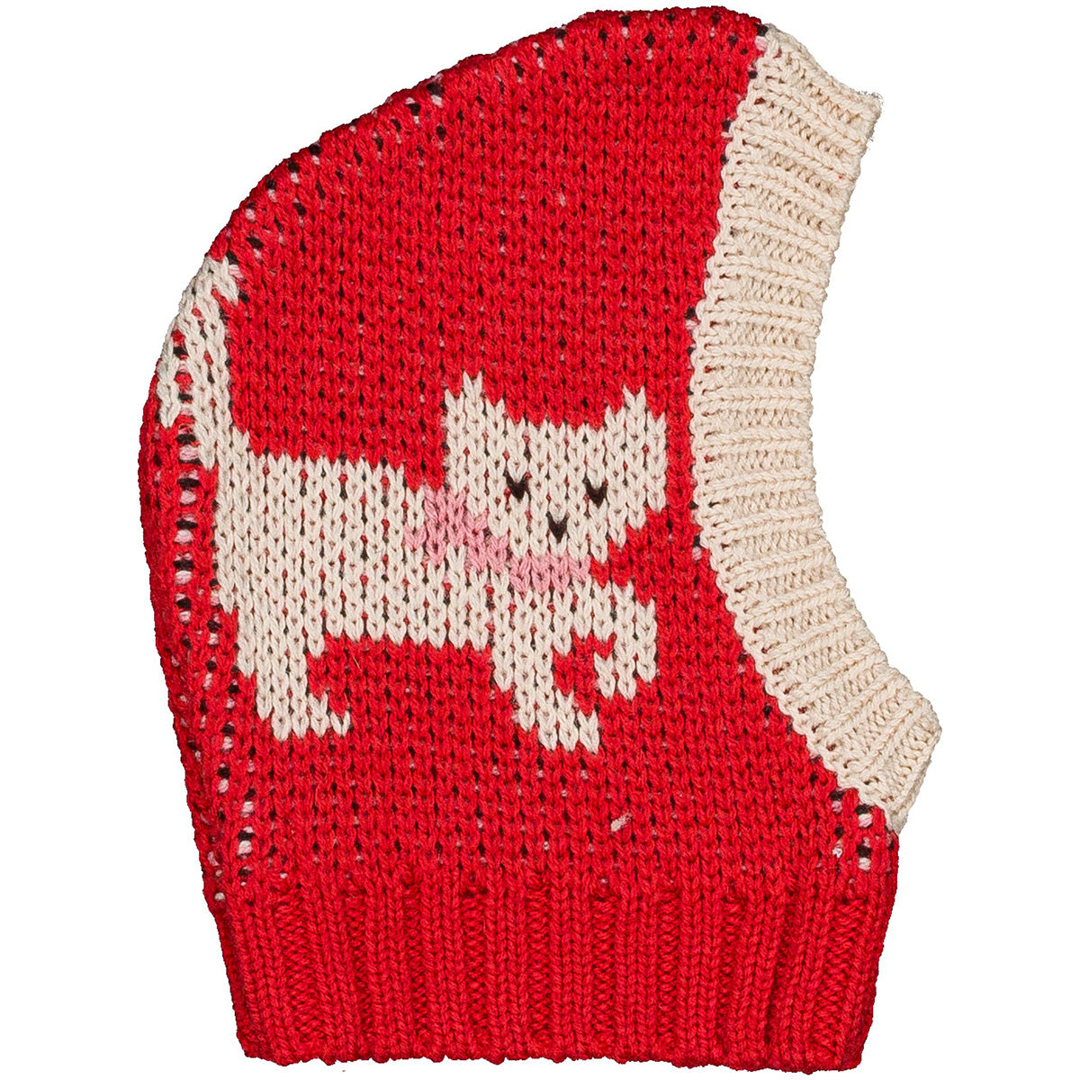 The Pinguin Baby Hood from Hello Simone with white cat and pink bow design, ribbed brim, and knit construction.