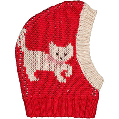 The Pinguin Baby Hood from Hello Simone with white cat and pink bow design, ribbed brim, and knit construction.
