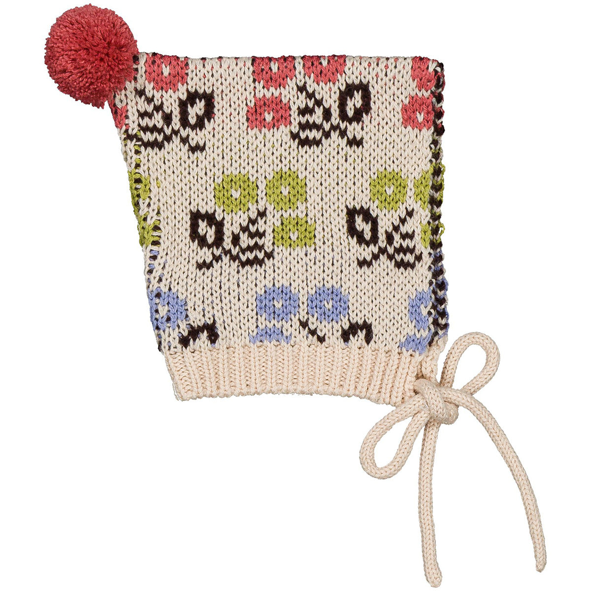 The Pompom Baby Hat from Hello Simone with jacquard knit, pompom, and adjustable knitted tie.
