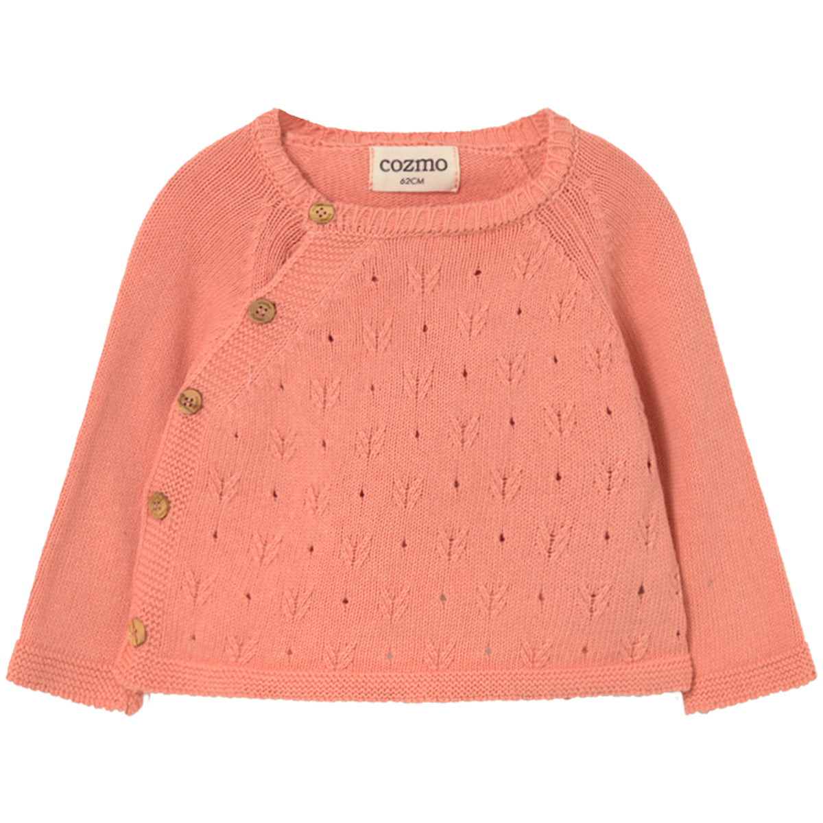 Cozmo Rain Top in cream knit with openwork pattern, long sleeves and asymmetrical wooden button closure.