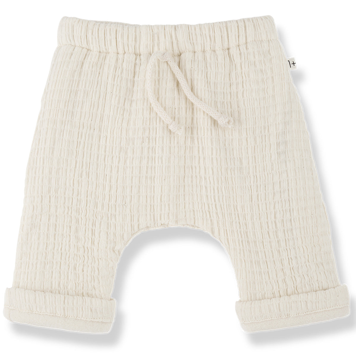 The Ramon Pants from 1+ in the Family. Textured baby pants with an elastic waistband, drawstring tie.
