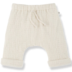 The Ramon Pants from 1+ in the Family. Textured baby pants with an elastic waistband, drawstring tie.