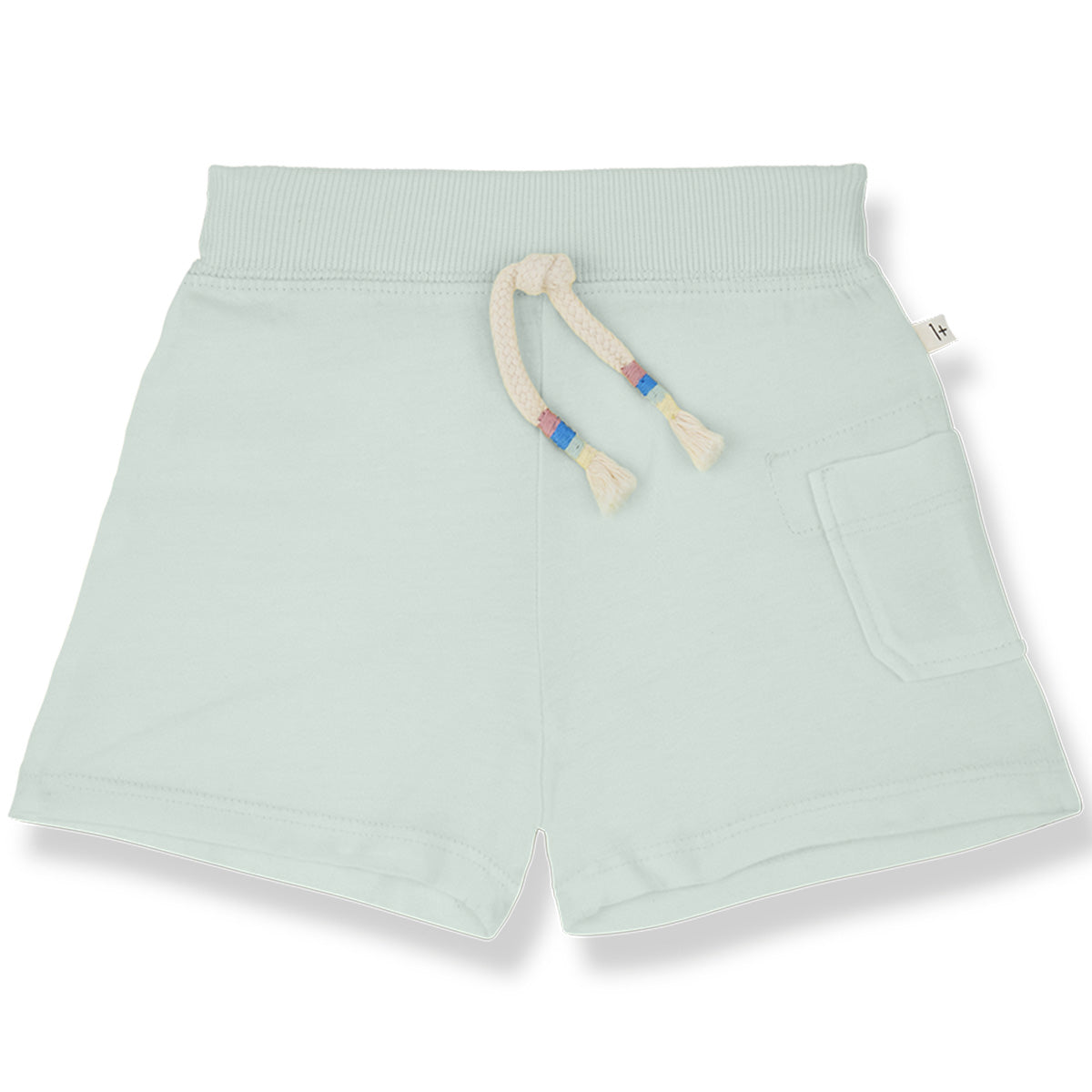 The Randa Bermuda from 1+ in the Family, soft baby shorts with an elastic waistband, drawstring, and a small back pocket.