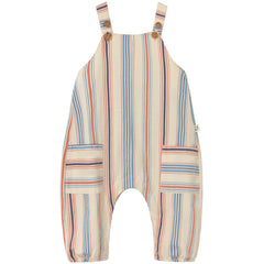 Cozmo Ranger Overalls in ivory striped cotton with blue and red stripes, button straps and front pockets.