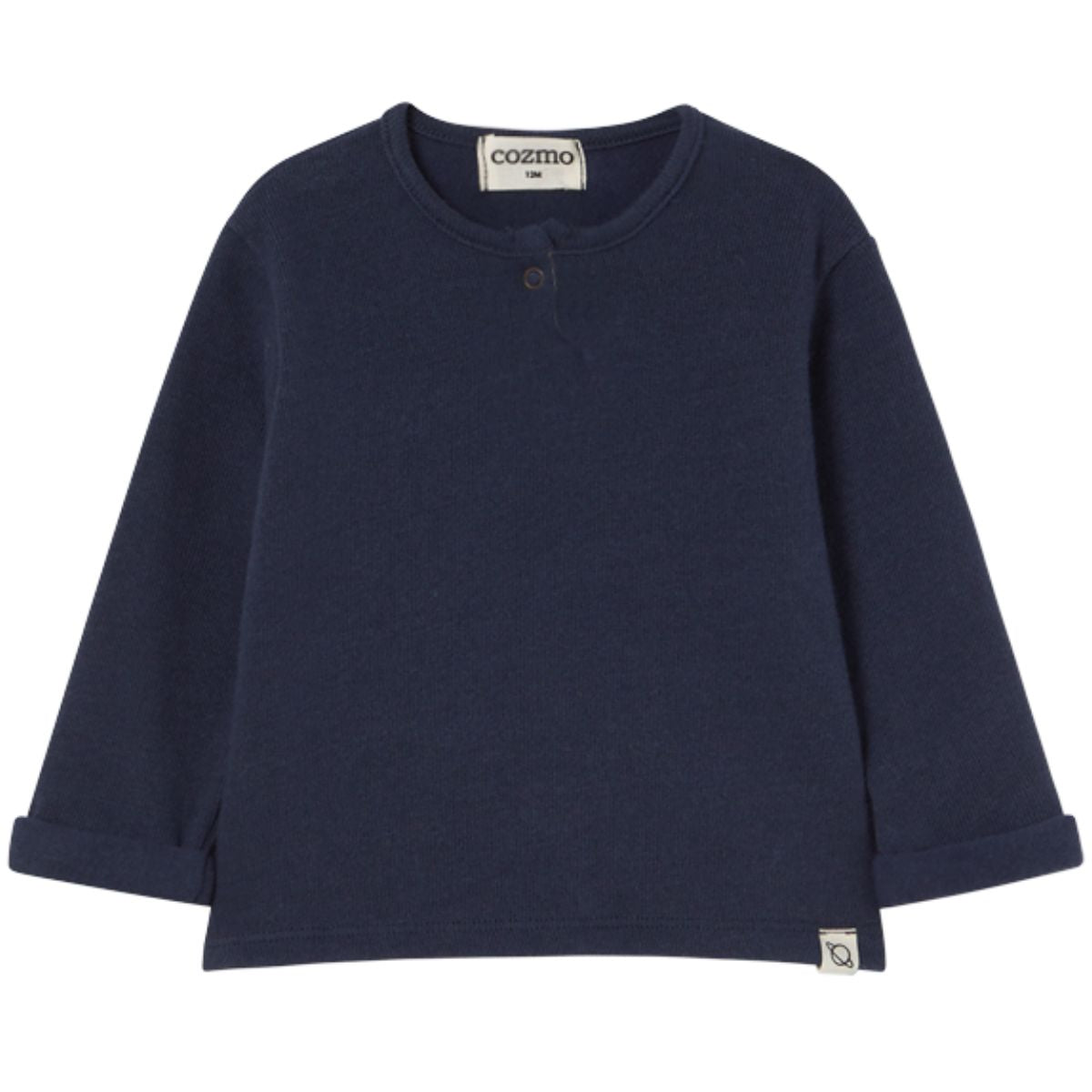 The Remo Sweater from Cozmo. It features a classic crew neckline with a snap button, long sleeves with rolled-up cuffs.