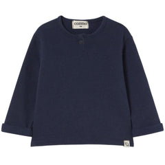 The Remo Sweater from Cozmo. It features a classic crew neckline with a snap button, long sleeves with rolled-up cuffs.
