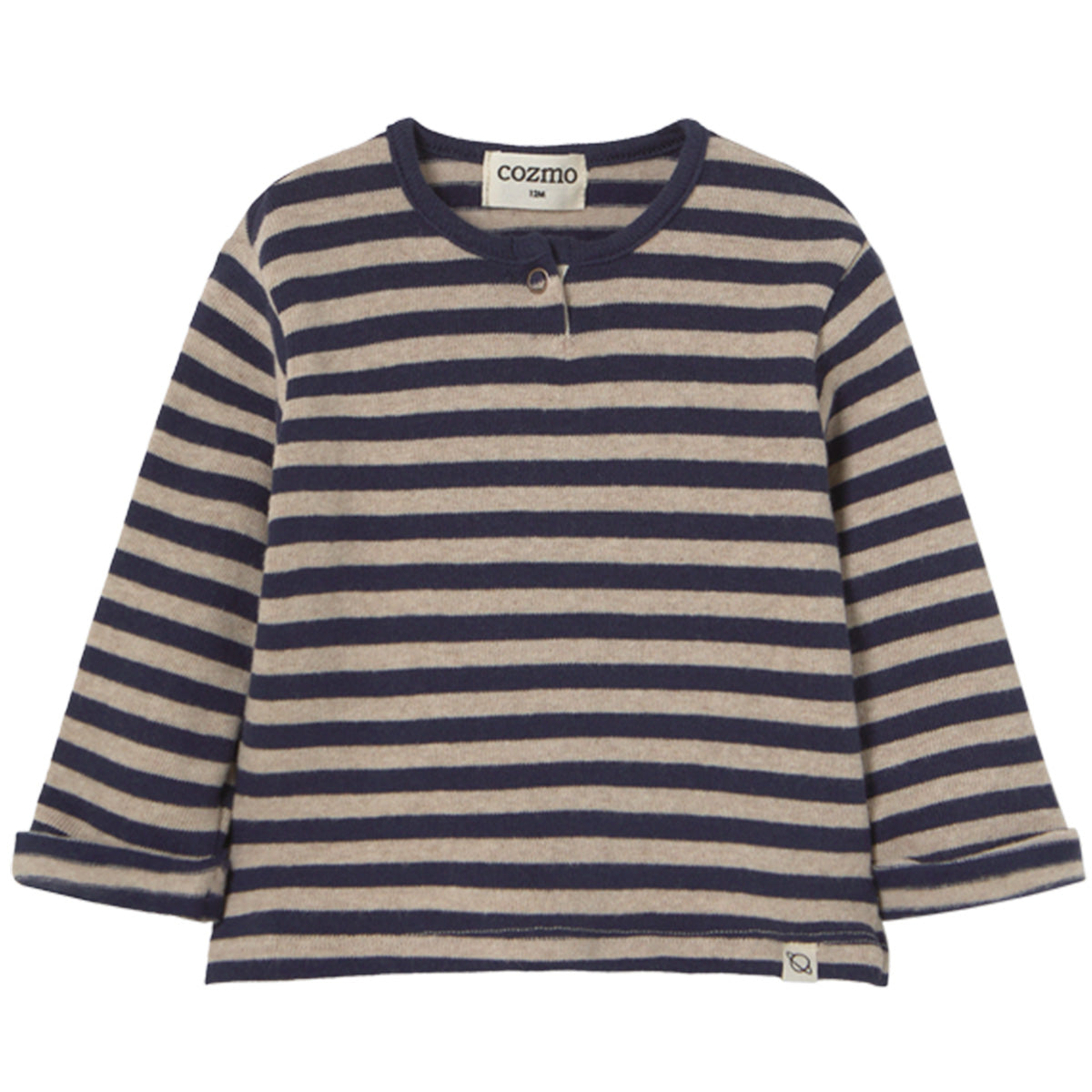 The Remo Sweater from Cozmo. Navy and beige striped long-sleeve shirt with 'cozmo' label on a white background.
