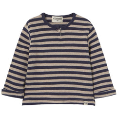 The Remo Sweater from Cozmo. Navy and beige striped long-sleeve shirt with 'cozmo' label on a white background.