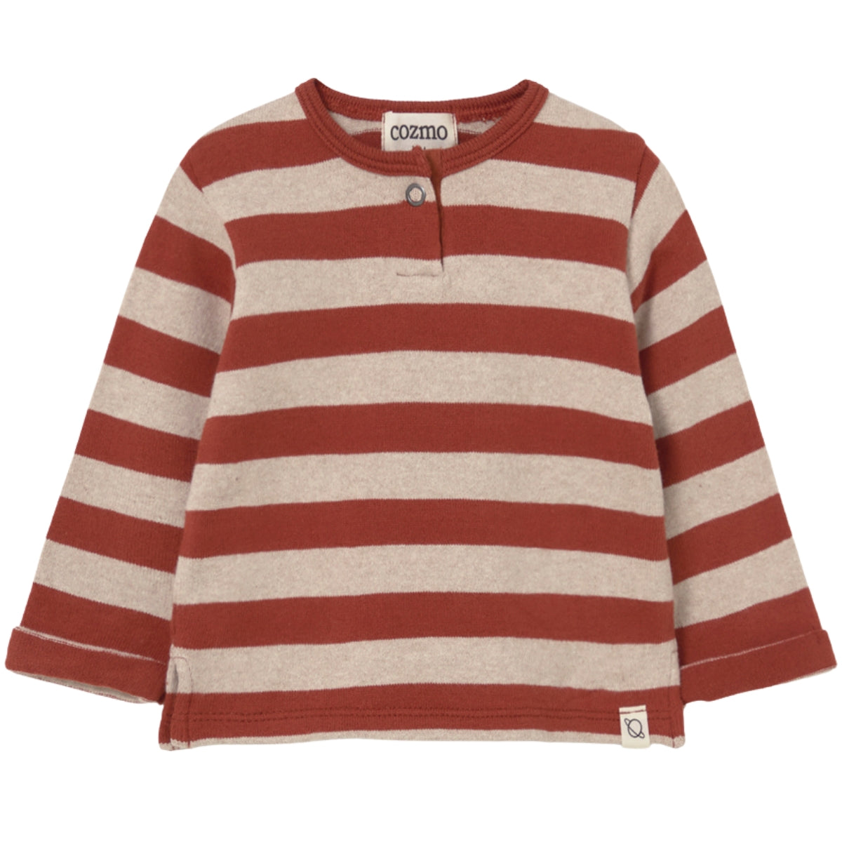 Cozmo The Remo Sweater striped baby knit with snap neckline and rolled-up sleeves