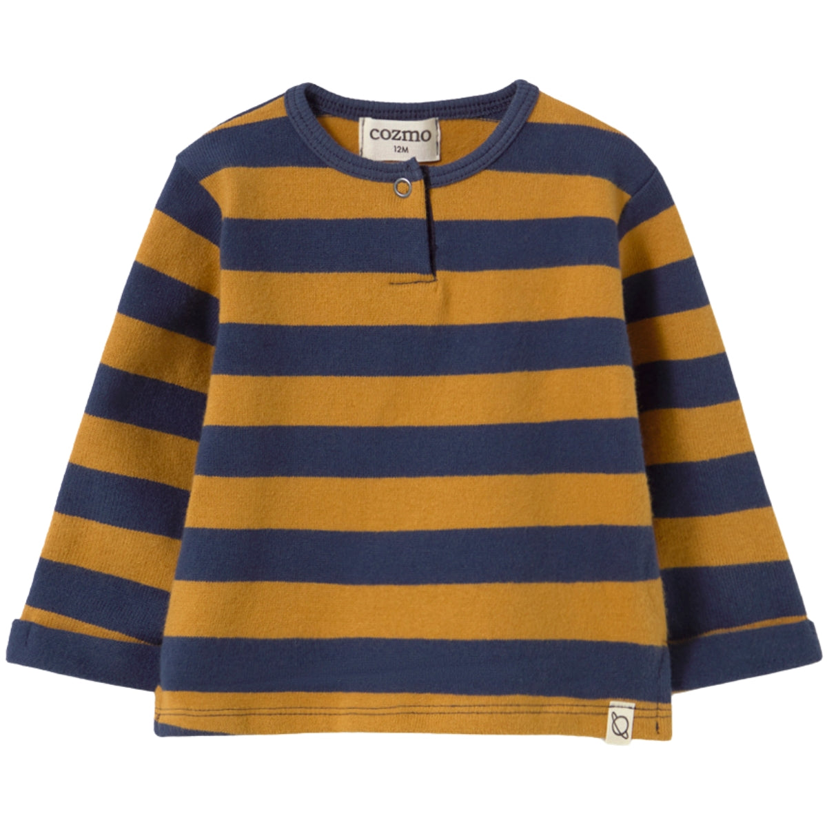 Cozmo The Remo Sweater striped baby knit with snap neckline, side openings and rolled sleeves