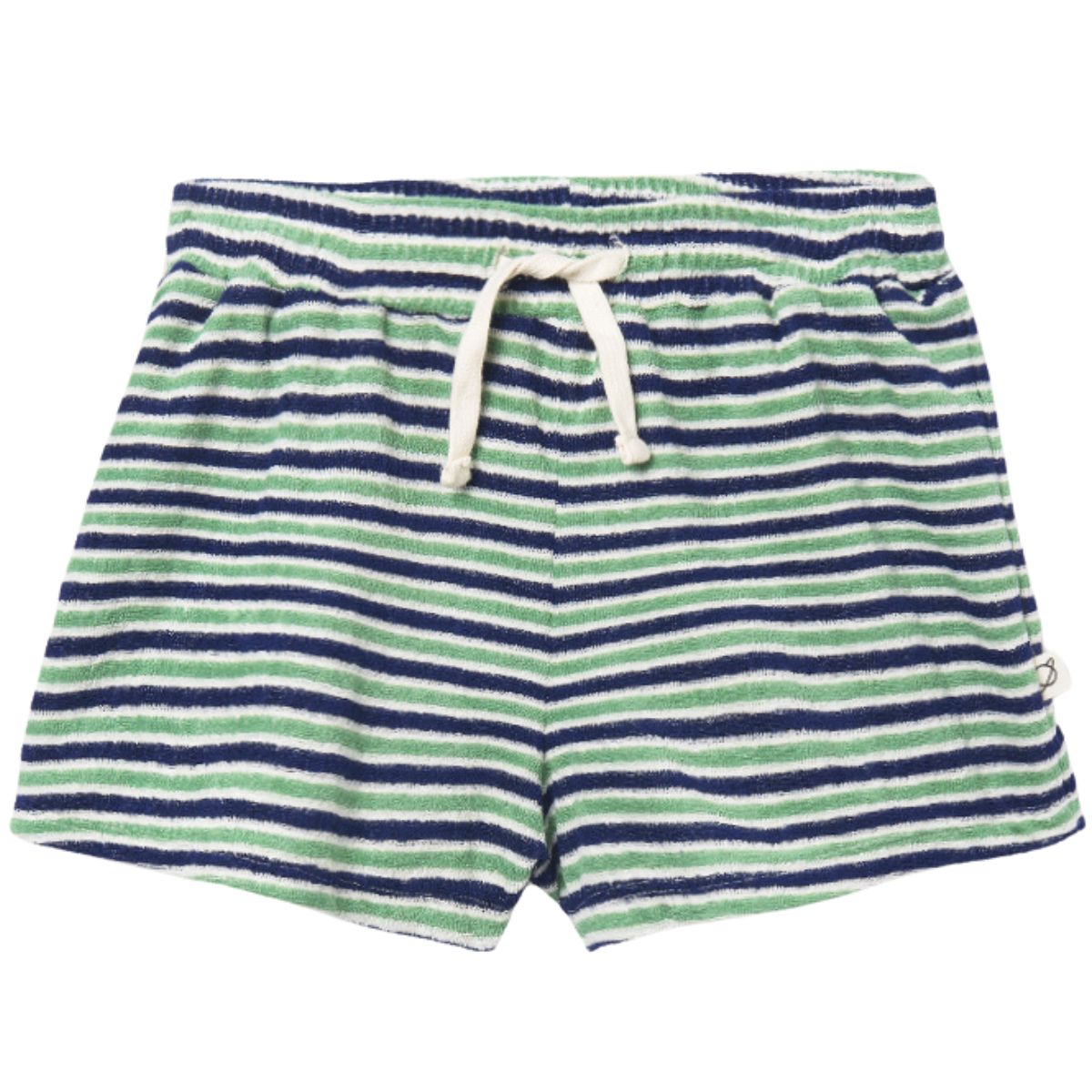 The Root Shorts by Cozmo green and navy striped kids shorts with elastic waist and drawstring, casual summer style