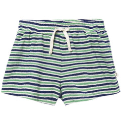The Root Shorts by Cozmo green and navy striped kids shorts with elastic waist and drawstring, casual summer style