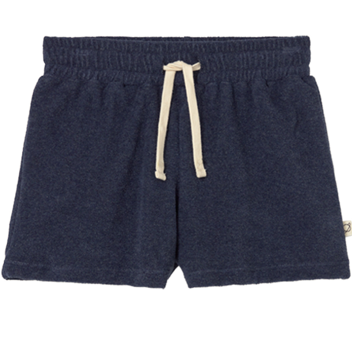 Cozmo Root Shorts in navy melange terry cloth with elastic waistband, drawstring and relaxed fit.