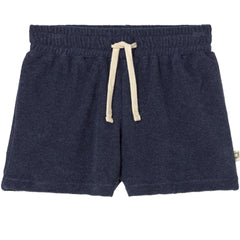Cozmo Root Shorts in navy melange terry cloth with elastic waistband, drawstring and relaxed fit.