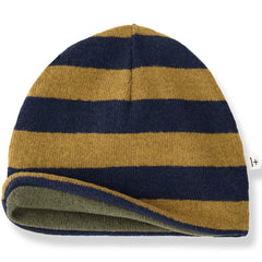 1+ in the Family The Roy Beanie striped knit hat in mustard yellow and navy with olive cuff lining