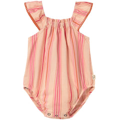 Cozmo Rue Romper in pink striped cotton with ruffled straps, gathered neckline and snap closures.