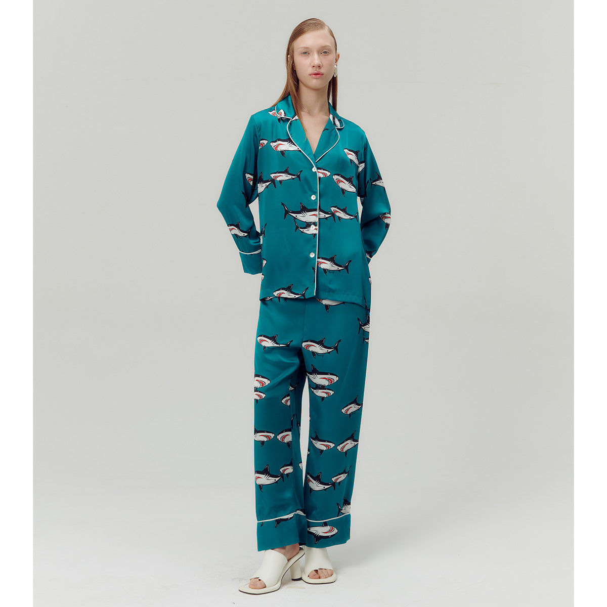 Vvfelixl Women's Satin Pajama Set - Colorful Shark Family Print, Short Sleeve, S-XXL - View #9