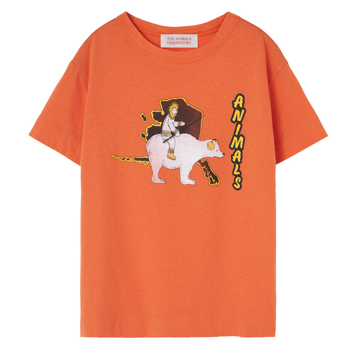 The Rooster Tee from The Animals Observatory in orange color is set on Alaska and lets us meet a friendly Inuit on a polar bear
