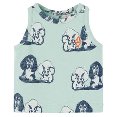 The Hyena Baby Tank Top from The Animals Observatory in turquoise color has the cutest puppies printed all over it