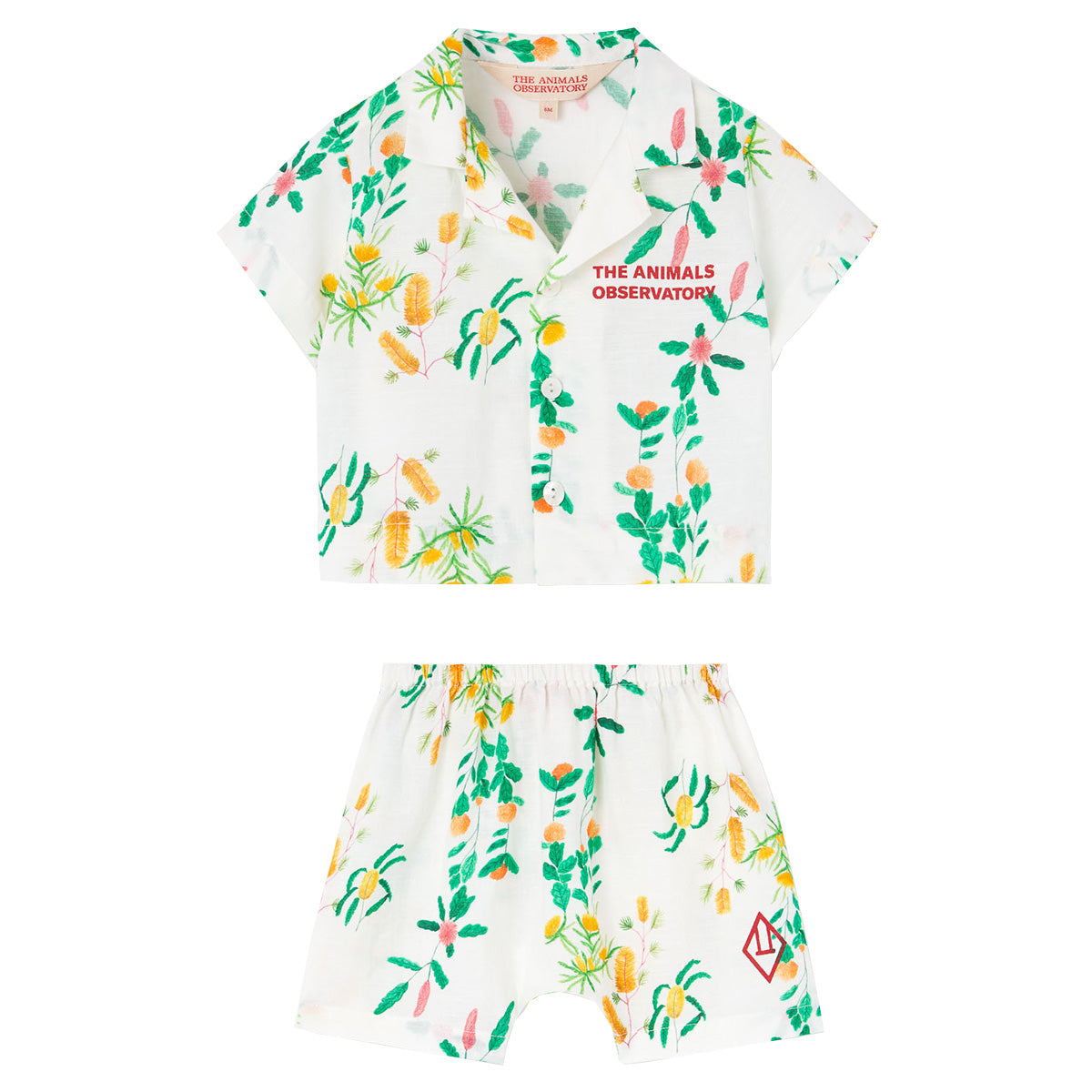The White Magpie Baby Two piece from The Animals Observatory features a buttoned shirt and some cute shorts
