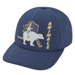 The Elastic Hamster Cap from The Animals Observatory in navy features a polar bear and an Inuit fisher chilling in Alaska