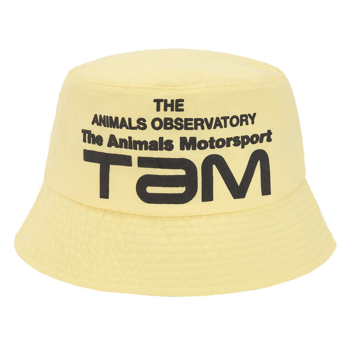 The Starfish Bucket Hat in soft yellow features a vintage-inspired motorsport sign