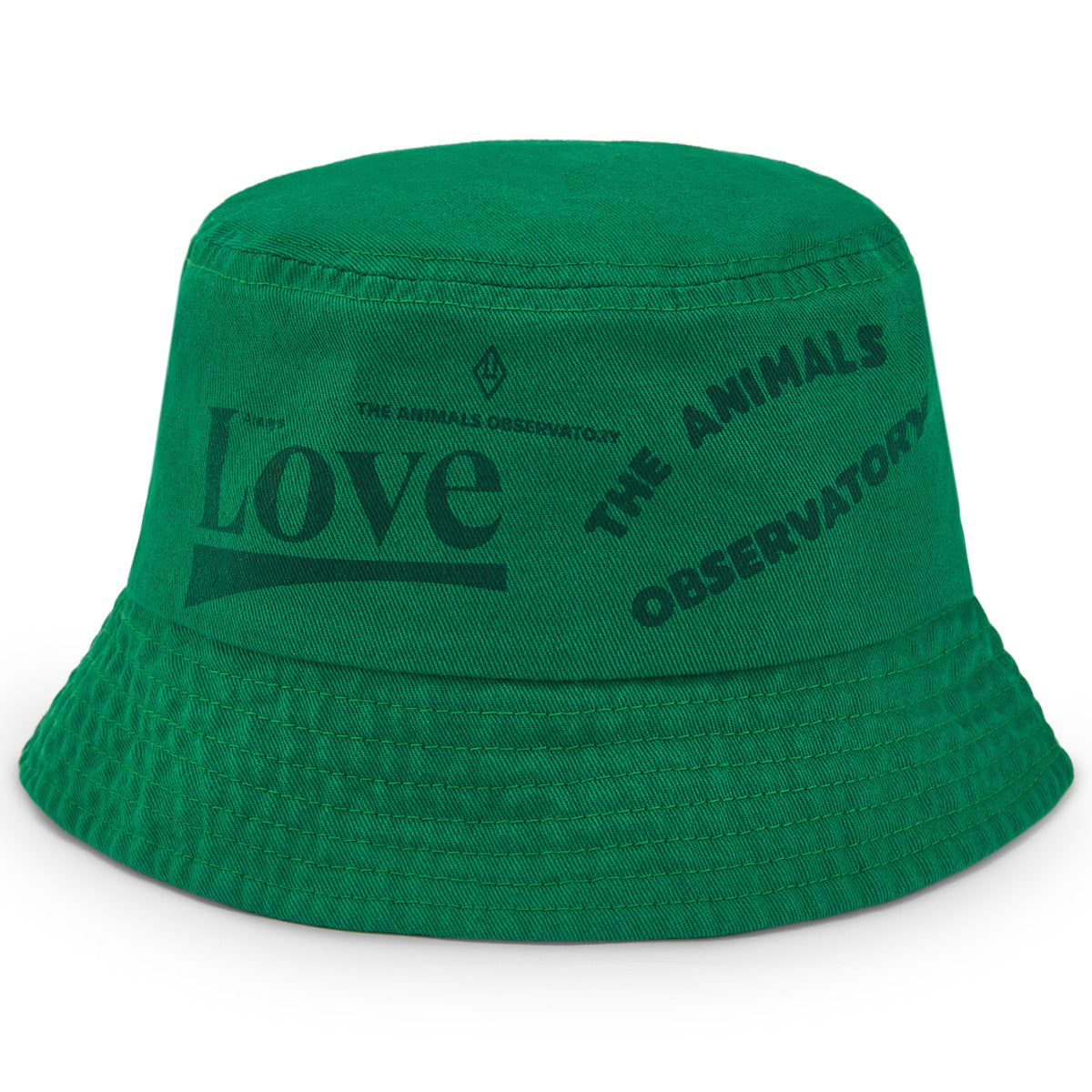 The Green Love Bucket Hat from The Animals Observatory. Bucket hat with the design of the word “love.” 